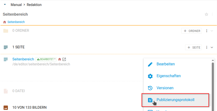 Kontextmenü Publizierungsprotokoll